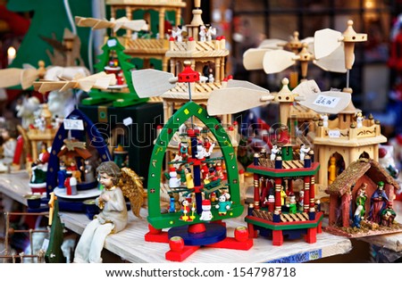 STRASBOURG,FRANCE-DEC 28:Close-up image of a stand with wooden toys in a Christmas Market on December 28 in Strasbourg. In Strasbourg is the oldest Christmas Market in France.