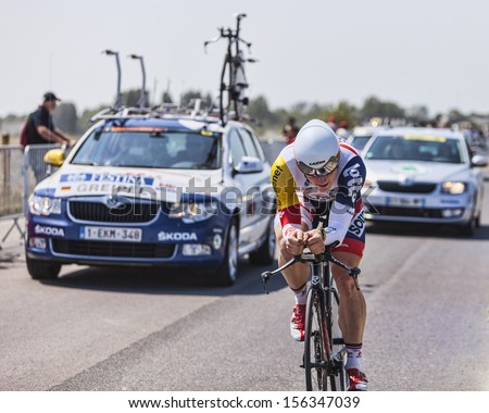 LE MONT SAINT MICHEL,FRANCE-JUL 10:The German cyclist Andre Greipel from  Lotto-Belisol Team cycling during the stage 11 of Le Tour de France 2013, a time trial between Avranches and Mont Saint Michel