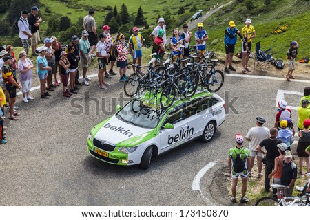 PORT DE PAILLERES,FRANCE- JUL 6:Technical car of Belkin procycling team climbing the road to Col de Pailheres in Pyrenees Mountains during the stage 8 of Le Tour de France on July 6, 2013.