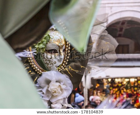 VENICE-FEB 19: Image of the reflection in a mirror of a person in a specific Venetian mask on February 19, 2012 in Venice.In 2014 the Venice Carnival will be between February 15- March 4