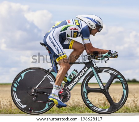 BEAUROUVRE,FRANCE,JUL 21:The Spanish cyclist Rafael Valls Ferri from Team Vacansoleil-DCM pedaling during the 19 stage- a time trial between Bonneval and Chartres on July 21 2012.