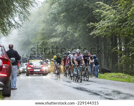 COL DU PLATZERWASEL,FRANCE - JUL 14:The German cyclist Tony Martin wearing Polka Dot Jersey climbing the road to mountain pass Platzerwasel, Vosges Mountains,during Le Tour de France on July 14 2014
