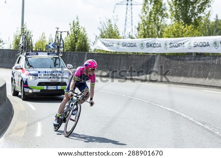 COURSAC,FRANCE-JUL 26: The American cyclist Chris Horner ( Lampre-MeridaTeam) pedaling  during the stage 20 ( time trial Bergerac - Perigueux) of Le Tour de France 2014.
