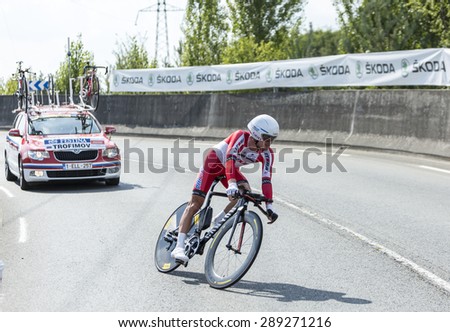 COURSAC,FRANCE-JUL 26: The Russian cyclist Yury Trofimov ( Katusha Team) pedaling  during the stage 20 ( time trial Bergerac - Perigueux) of Le Tour de France 2014.