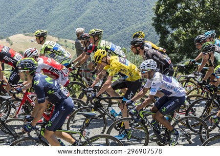 COL D\'ASPIN,FRANCE - JUL 15: Froome (Yellow Jersey) and Quintana (White Jersey), climbing,the road to Col D\'Aspin  in Pyrenees during the stage 11 of Le Tour de France on July 1, 2015.