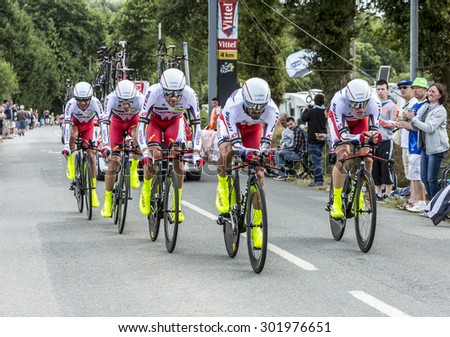 PLUMELEC,FRANCE - JUL 12: Team Katusha riding the Team Time Trial stage between Plumelec and Vannes, during Tour de France on 12 July, 2015.