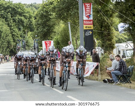 PLUMELEC,FRANCE - JUL 12:Team AG2R-La Mondiale riding the Team Time Trial stage between Plumelec and Vannes, during Tour de France on 12 July, 2015.