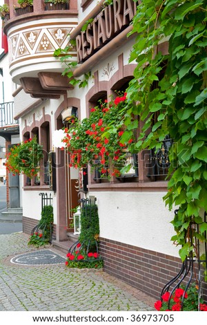 Traditional european street architecture sample. Restaurant building exterior