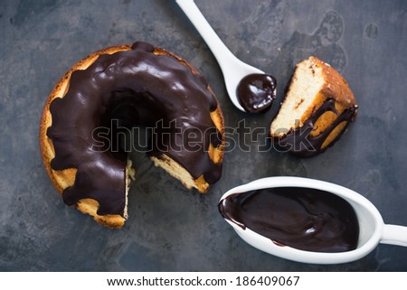 Ring cake with chocolate on the top  viewed from above