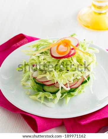 Fresh cabbage salad with cucumber and radishes on a white plate.  Spring salad