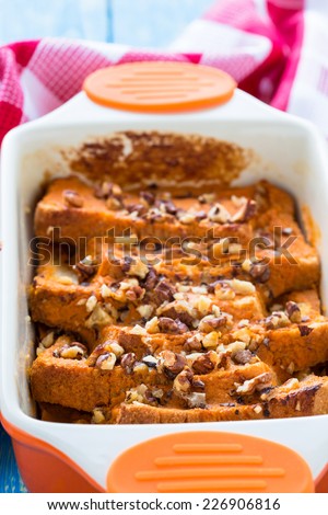 Pumpkin bread pudding, bread based pumpkin holiday dessert