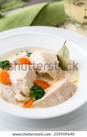Poultry blanquette, white meat stew cooked in a white stock with aromatic flavorings