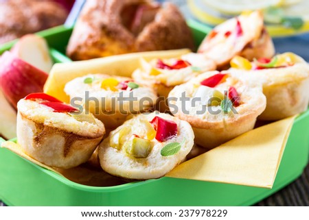 Mini quiche in a  party food box, perfect food for picnic lunch with the kids
