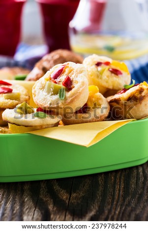 Mini quiche in a  party food box, perfect food for picnic lunch with the kids