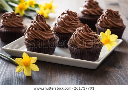 Delicious Mothers day  chocolate cupcakes  with spring flowers