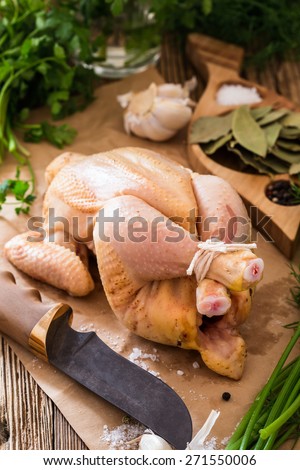 Raw chicken on wooden background, organic food, diet or cooking concept