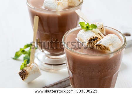 Homemade chocolate egg cream, beverage with milk, soda water and chocolate syrup with toasted marshmallows on top