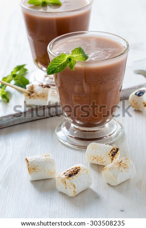 Homemade chocolate egg cream, beverage with milk, soda water and chocolate syrup with toasted marshmallows