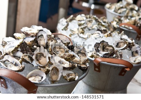 Fresh oysters lay in buckets at a cocktail party ready for consumption