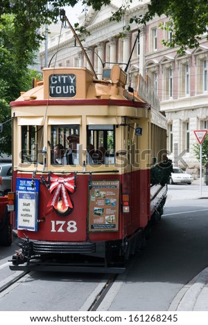 CHRISTCHURCH, NEW ZEALAND - DECEMBER 11 - A tram in Christchurch travels along its daily route on December 11th 2007.