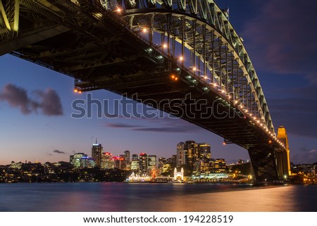 Sydney, Australia - May 12 - Sydney Harbour Bridge and Luna Park at dusk on 12th May 2014