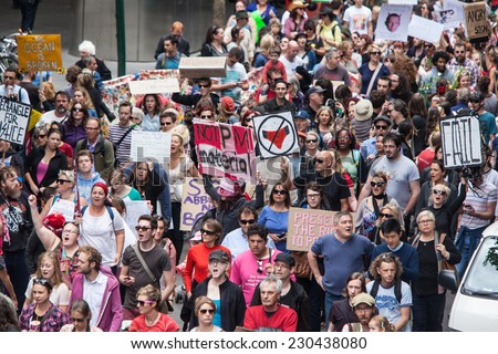 MELBOURNE, AUSTRALIA - March 16: March In March protest for people power, a vote of no confidence in the Liberal, Tony Abbott led government in Melbourne on March 16th 2014