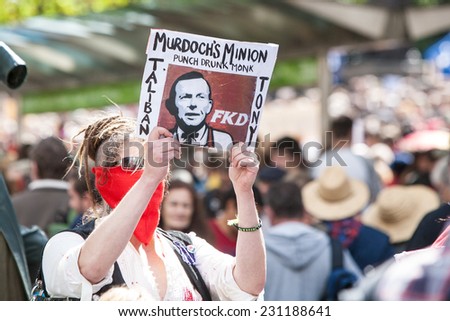 Melbourne, Australia - March 16, 2014: March In March protest for people power, a vote of no confidence in the Liberal, Tony Abbott led government in Melbourne