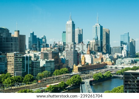 Melbourne, Australia - November 29 - Melbourne\'s famous skyline from Southbank towards Flnders St Station on November 29th 2014.