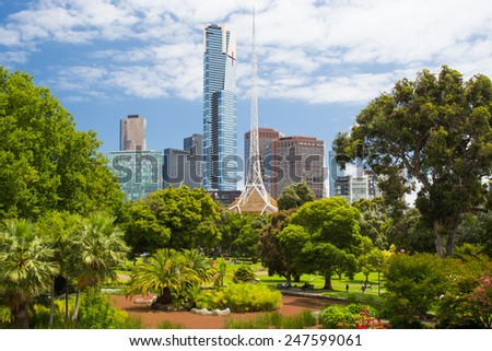 Melbourne, Australia - January 26 - Melbourne\'s famous Southbank skyline over Queen Victoria Gardens on Australia Day on January 26th 2015.