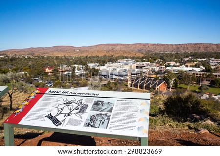 ALICE SPRINGS, AUSTRALIA - JUNE 27: View from Anzac Hill with signage on a fine winter\'s day in Alice Springs, Northern Territory, Australia on June 27 2015