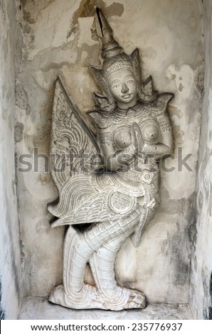 Carved and sculpture mythical creatures of Wat Arun Ratchawararam Ratchawaramahawihan or Wat Arun location at Chao Phraya Riverside in Bangkok, Thailand