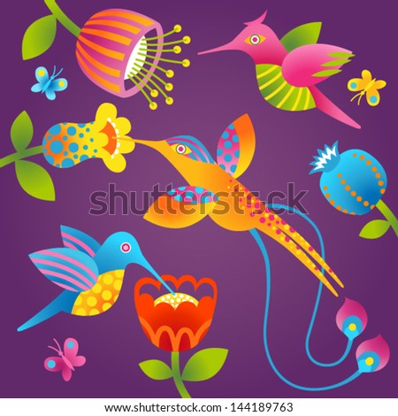 Vector set of bright colorful flowers, butterflies and humming-bird. Tropical birds. It can be used for decorating of invitations, cards, decoration for bags and clothes.