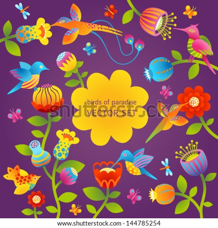 Vector set of bright colorful flowers, butterflies and humming-bird. Tropical birds. It can be used for decorating of invitations, greeting cards, decoration for bags and clothes.