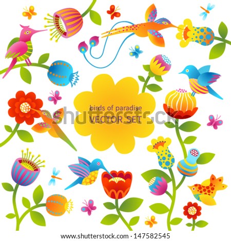 Vector set of bright colorful flowers, butterflies and humming-bird. Tropical birds. It can be used for decorating of invitations, greeting cards, decoration for bags and clothes.