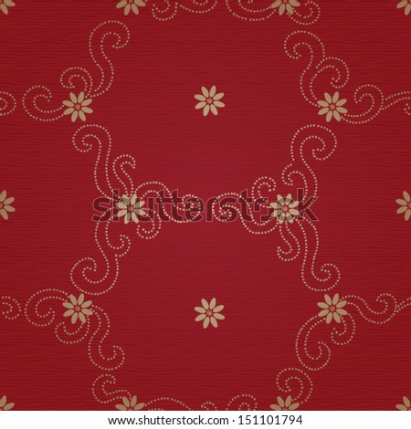 Ornamental seamless pattern with small flowers and curls. Red brocade floral background.