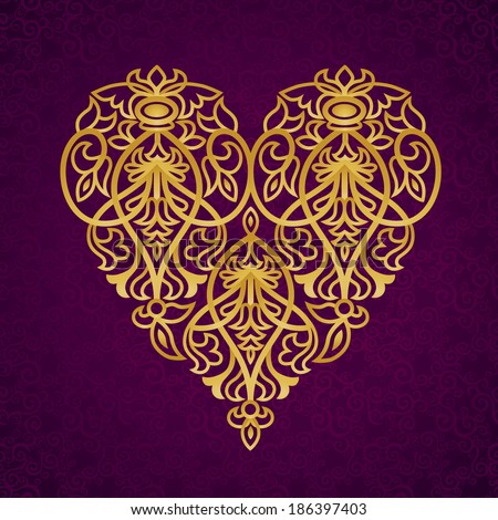 Ornate gold heart on dark purple seamless background. Vector baroque lacy pattern. Element for design. Victorian decor for wedding invitations and greeting cards. Traditional ornament.