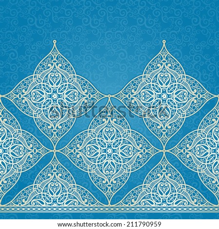 Vector seamless border in Eastern style Ornate element for design and place for text Ornamental lace pattern for wedding invitations and greeting cards Traditional light decor on blue background Vector seamless border in Eastern style Ornate element for design and place for text Ornamental lace pattern for wedding invitations and greeting cards Traditional light decor on blue background