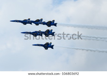 BOSTON, MA, July 4: The US Navy Blue Angels as they fly over Boston Harbor in honor of the bicentennial of the War of 1812. On July 4, 2012 in BOSTON, MA