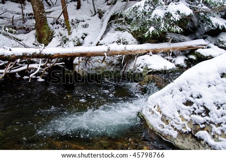 A stream flowing in winter in a horizontal perspective