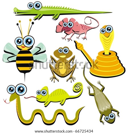 VECTOR - Family of Funny Cartoon Reptile Animals - ( Snake, Chameleon, Cobra, Bee, Crocodile, Frog, Lizard, Gecko)