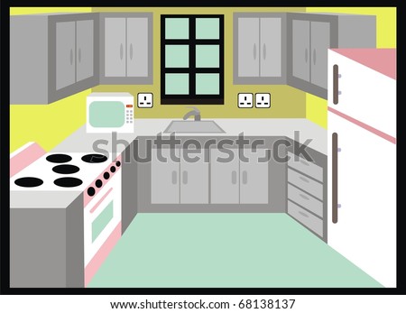 Kitchen Design Cartoon on Vector   Kitchen   Simple Design Including Microwave  Fridge   Stove