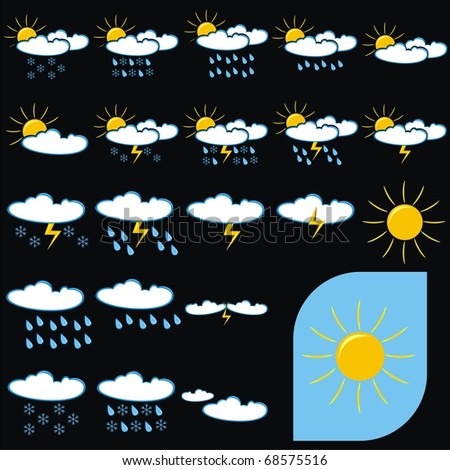 stock photo : Set of Weather Icons (Sunny, Rainy, Cloudy, Stormy,