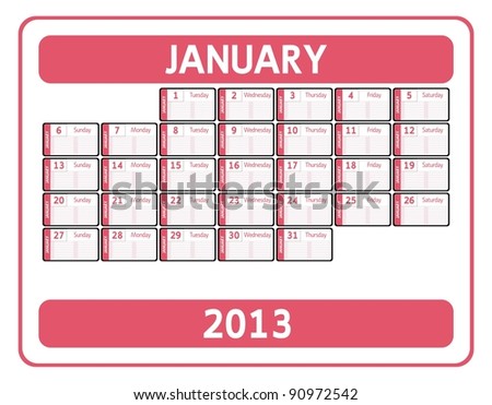 January 2013 Calendar on Vector   Calendar Design 2013   January   90972542   Shutterstock