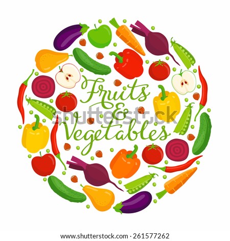 Fruits and vegetables lettering.
Vector fruits and vegetables with a lettering on a white background.