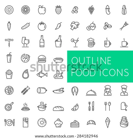 Outline food icons set for web and applications.\
Line icons of food, fruits and vegetables, drinks and fast food, meat and fish, confectionery and bakery, etc.