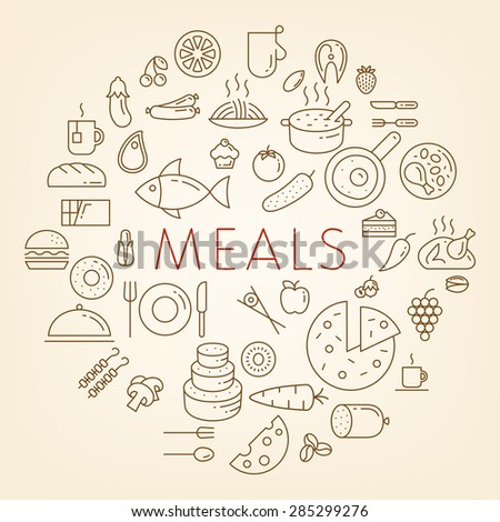 Meals concept vector illustration.
Outline icons of food, fruits and vegetables, drinks and fast food, meat and fish, confectionery and bakery, etc. in the shape of circle on the light background.