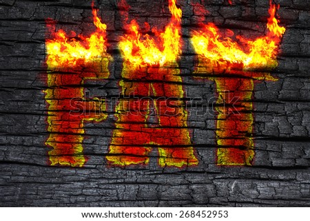 Conceptual digital art words. Burn fat, to show dieting, weight loss. With flame text on a burn wood background.