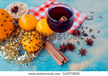 New Year\'s holiday hot red wine with cinnamon and candied fruit