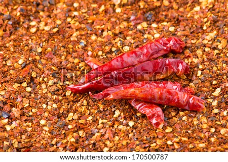 Dried red hot peppers and flakes