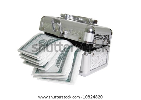 Metallic casket with fake money isolated